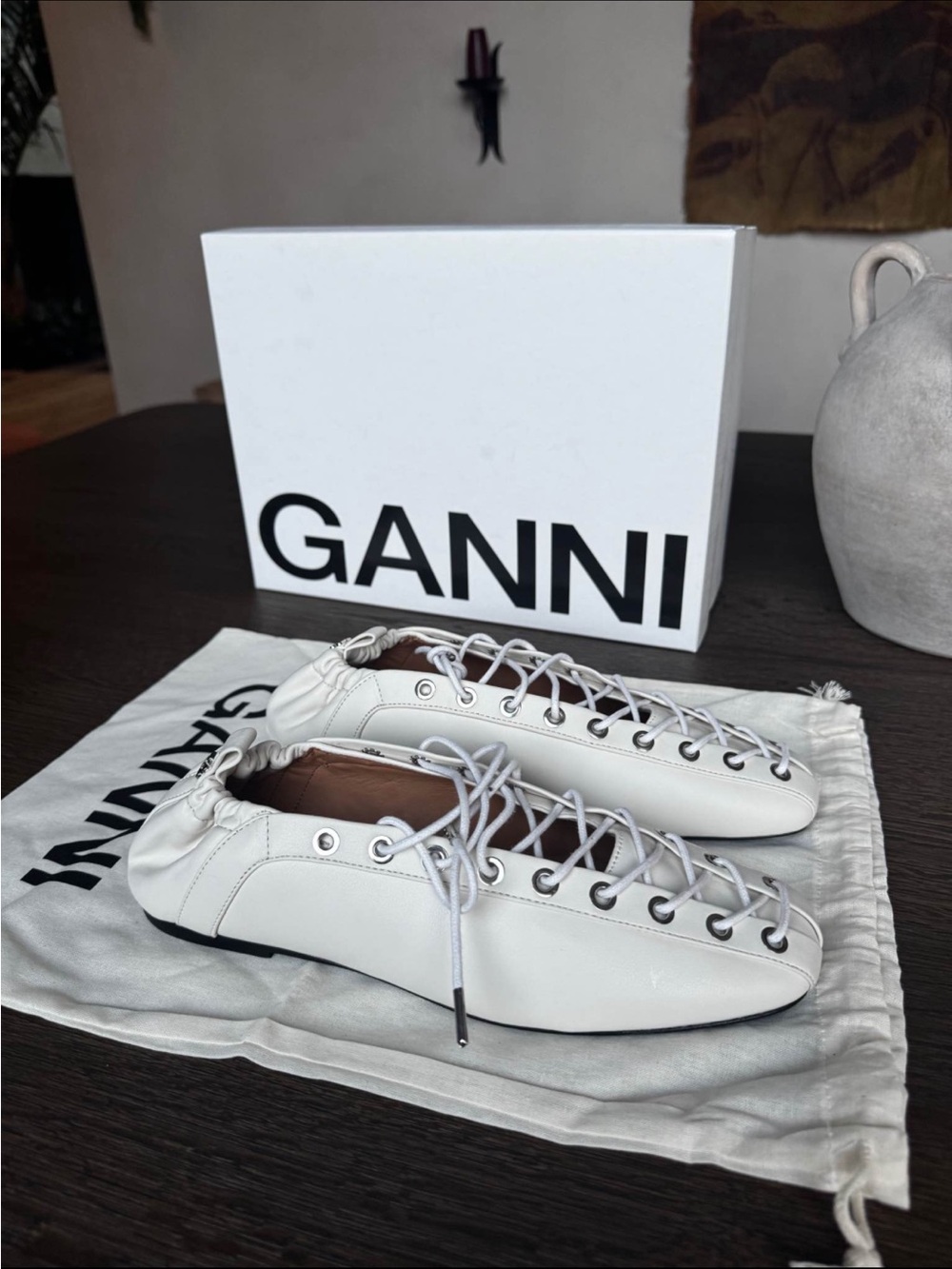 Ganni White Lace-Up Ballet-Inspired Flats - Picture 6 of 7